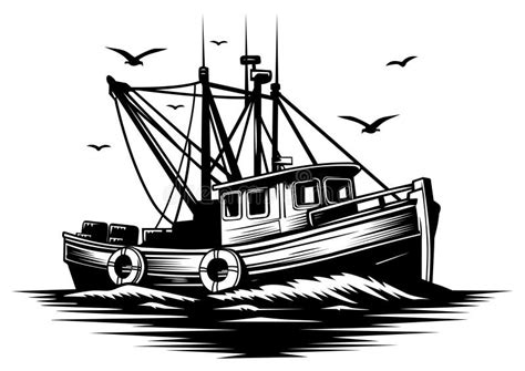 Fishing Boat Vector Line Art Stock Illustration - Illustration of line ...