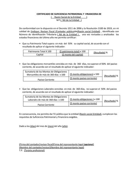 Formato Suficiencia Patrimonial Certificado De Suficiencia