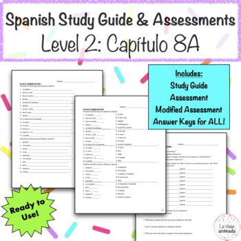 Realidades Level 2 Chapter 8A Assessment Includes Study Guide