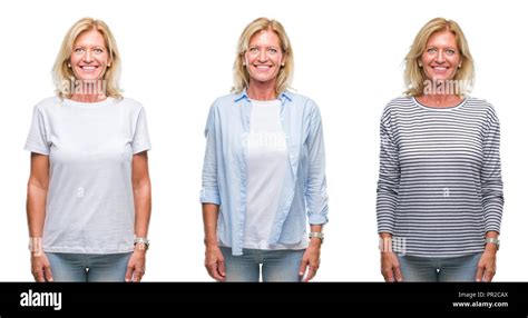 Collage Of Beautiful Middle Age Blonde Woman Over White Isolated Backgroud With A Happy And Cool