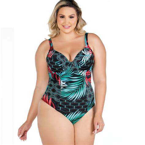 Maio Plus Size Banho De Mar Estampado De Alta Compressao Que Reduz