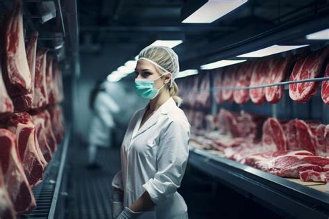 Premium AI Image Female Butcher With Mask Inspecting Cold Storage For