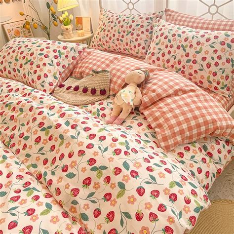 Cute Strawberry Floral 100 Cotton Duvet Cover Set Etsy Uk