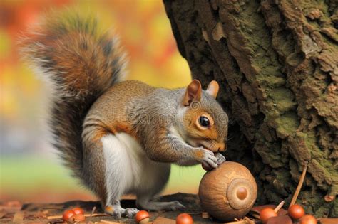 Tailup Squirrel By Oak Tree With Acorn In Mouth Stock Image Image Of