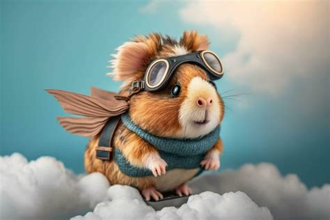 Cute Funny Illustration Of Flying Guinea Pig In Fantasy World With