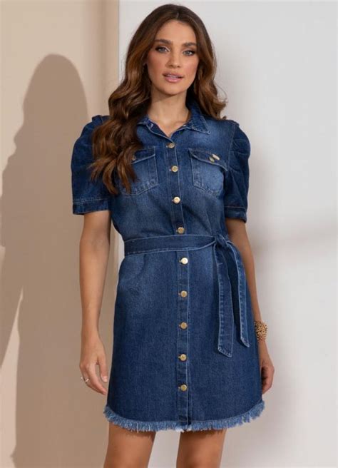 Vestido Jeans Escuro Curto Mangas Bufantes Quintess