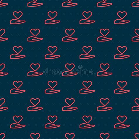 Red Line Heart On Hand Icon Isolated Seamless Pattern On Black