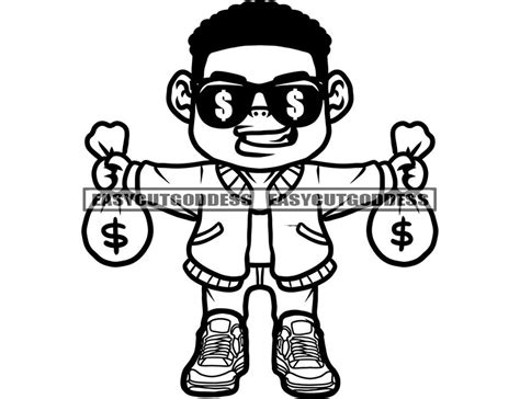 Cartoon Character Man African American Money Bag Stack Glasses Bragging