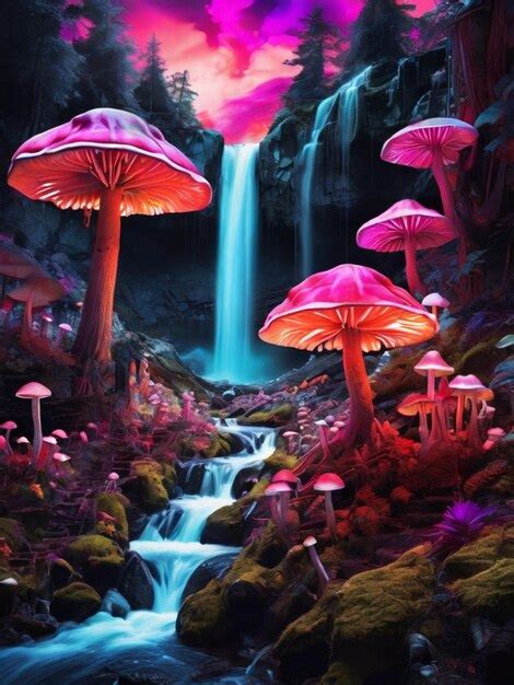 Premium Photo Forest Landscape Mushrooms Waterfall Enchanted Forest