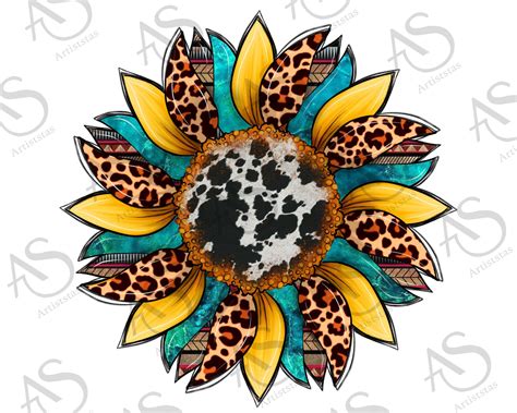 Cowhide Leopard Turquoise Sunflower Png Sublimation Design Etsy