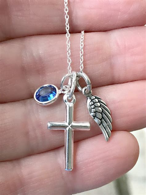 Cross Necklace With Angel Wing Charm Personalized Birthstone Etsy