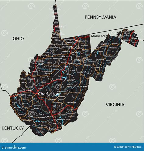 Detailed West Virginia Road Map With Labeling Stock Vector Illustration Of Mapping National