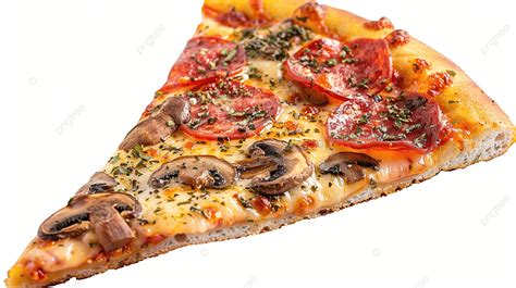 Triangular Piece Of Baked Pizza With Mushrooms Smoked Sausages