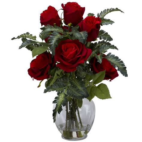 Nearly Natural Red Rose & Fern Silk Flower Arrangement in Vase & Faux