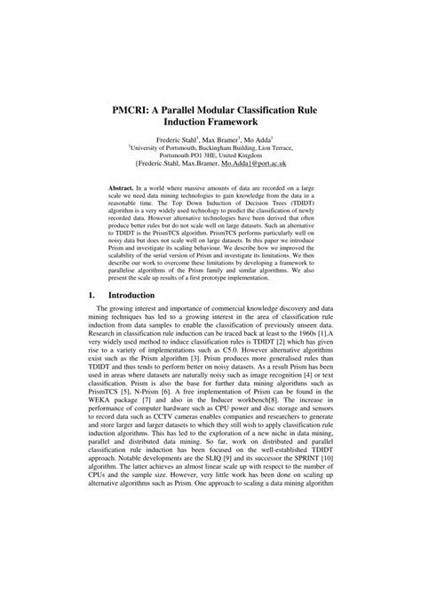 PDF PMCRI A Parallel Modular Classification Rule Induction Framework