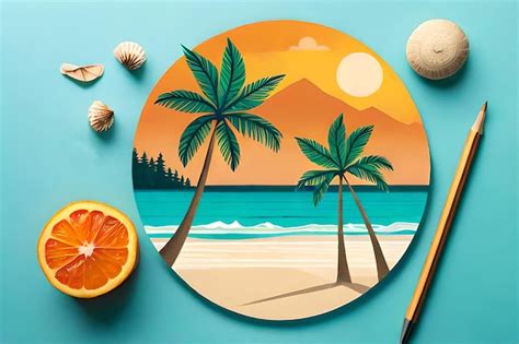 Una Escena De Playa Con Una Palmera En La Playa Y Una Naranja En La