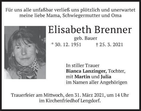 Traueranzeigen Von Elisabeth Brenner Trauer Merkur De