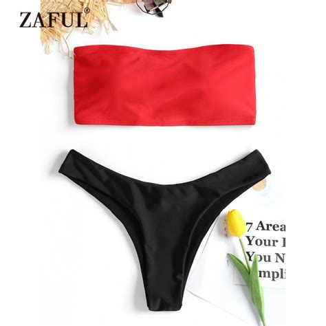 Zaful Bikini Lace Up High Cut Thong Bikini Set Strapless Womens Swimsuit Sexy Bandeau Padded