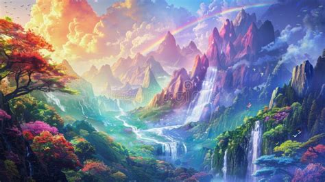 Fantasy Landscape With Colorful Mountains Waterfalls And Rainbows