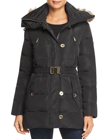 Michael Michael Kors Belted Button Front Puffer Coat In Black Modesens