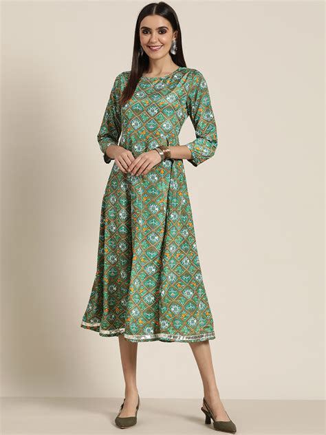 Buy Shae By SASSAFRAS Green White Ethnic Motifs Ethnic A Line Midi