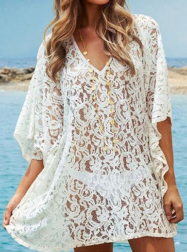 White Lace Kaftan Top V Neck Flare Cut