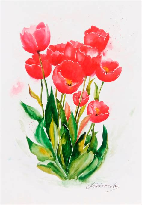 Tulipes Aquarelle Fleurs Rouge Peinture Originale Peinte La Etsy