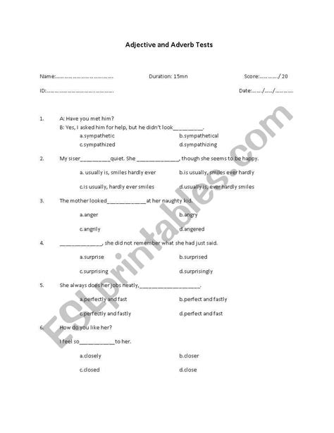 English Worksheets Adjective And Adverb Test