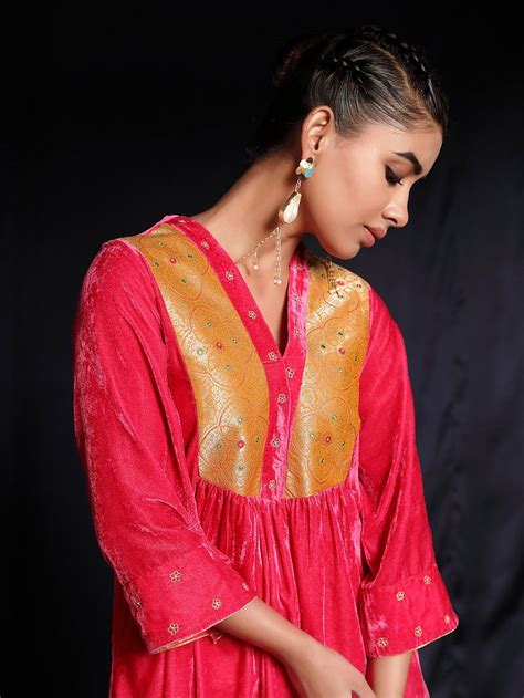 Buy Magenta Hand Embroidered Velvet Kurta With Slip And Chanderi Pants