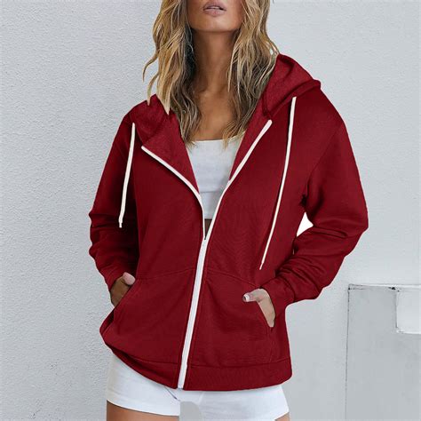 Full Zip Up Jackets With Pockets For Women Cotton Fleece Plain Hoodie Outwear Drawstring Hooded