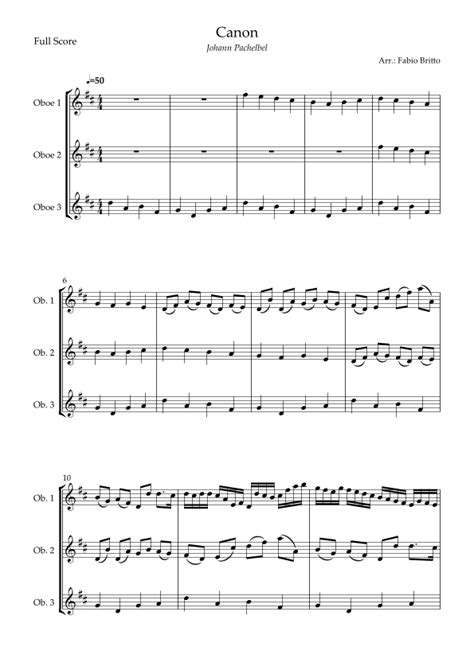 Canon Johann Pachelbel Weddingreduced Version For Oboe Trio Arr Fabio Britto Sheet Music