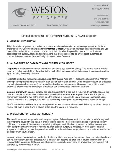 Fillable Online Informed Consent For Cataract Surgery With Implantation Of An Fax Email