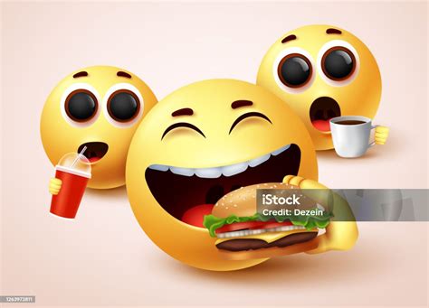 Emoji Smiley Makan Makanan Cepat Saji Desain Karakter Vektor Burger