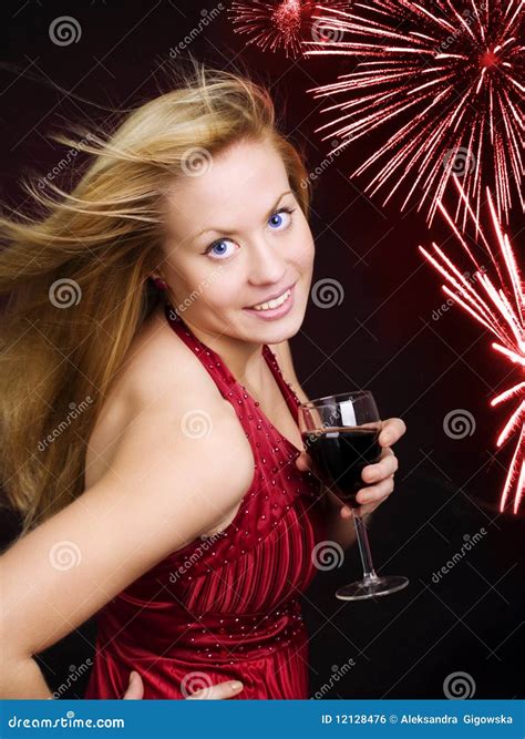 Smiling Woman Holding Wine And Celebrating Stock Photo Image Of Light