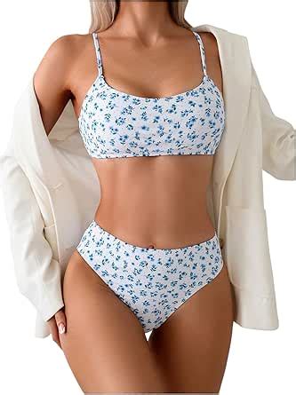 Amazon Cozyease Women S Piece Cute Bikini Sets Floral Ditsy Spaghetti Strap High Waisted