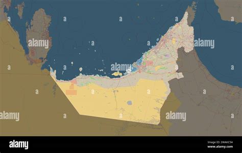 United Arab Emirates Highlighted On A Topographic OSM Standard Style