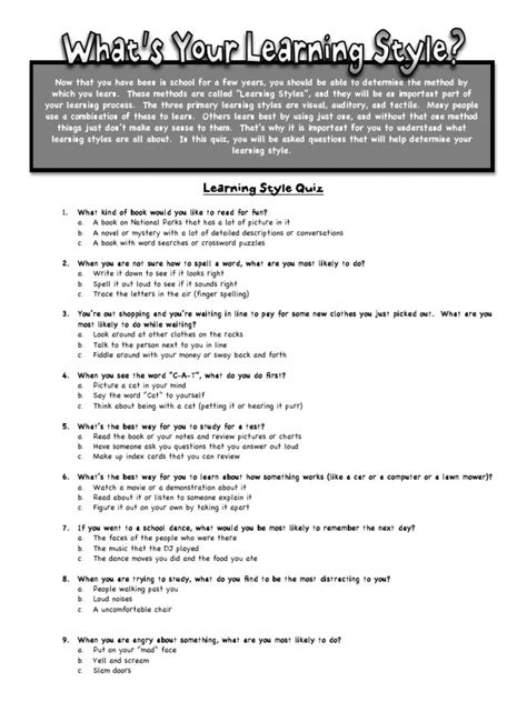 Printable Learning Styles Quiz