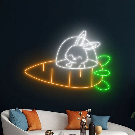 Handmadetneonsign Astronaut Rabbit Bunny Neon Sign Carrot Rocket Led