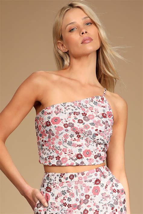 Blush Floral Print Top Jacquard Crop Top One Shoulder Top Lulus