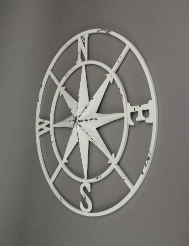 Distressed Metal Compass Rose Indoor Outdoor Wall Hanging White