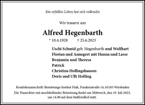 Traueranzeigen Von Alfred Hegenbarth Vrm Trauer De