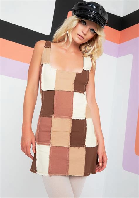 Current Mood Patchwork Raw Edge Mini Dress Brown Dolls Kill