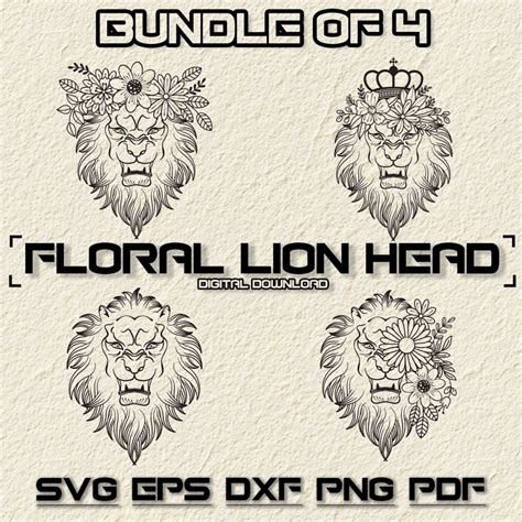 Floral Lion Head Svg Bundle Png Lion Clipart Hand Drawn Lions Vector