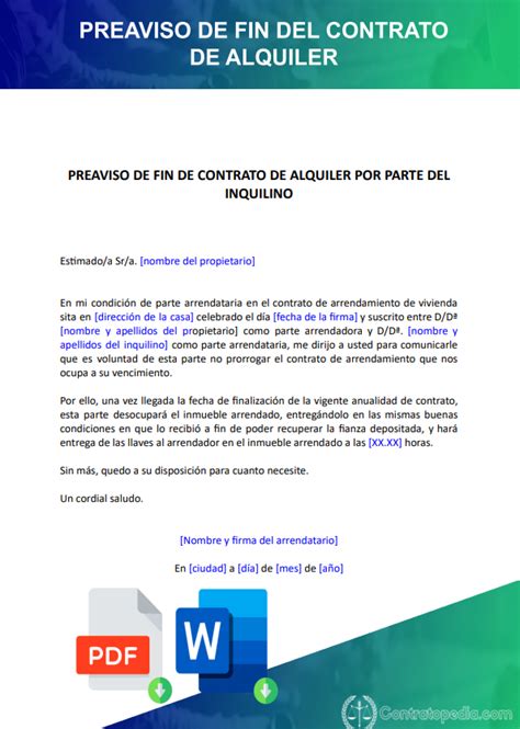 Modelo De Preaviso De Fin De Contrato De Alquiler Word