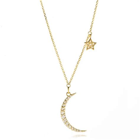 14k Yellow Gold Diamond Crescent Moon And Star Dangle Necklace 107025