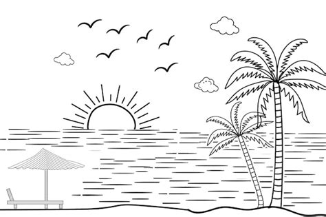 Ilustraci N De Arte De L Nea De Playa Tropical Puesta De Sol De Verano