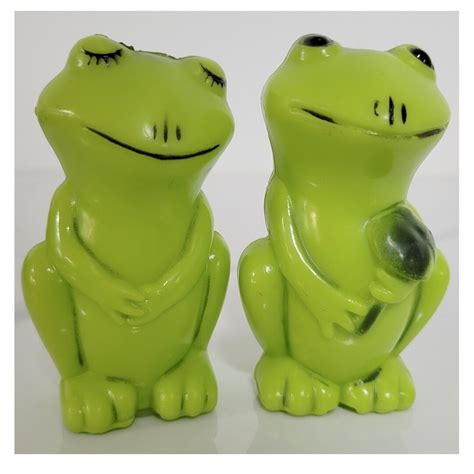 Vintage Frog Salt Pepper Shakers Hard Plastic Bright Green