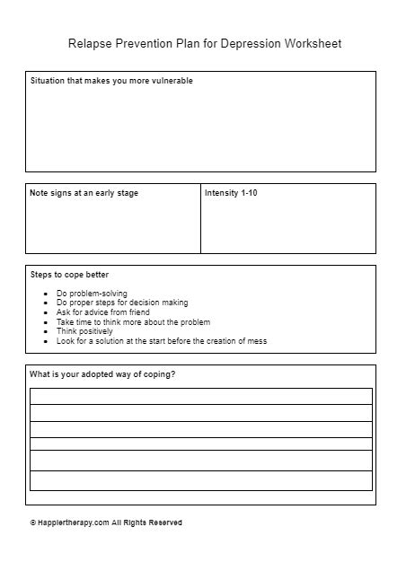 Relapse Prevention Plan For Depression Worksheet Happiertherapy