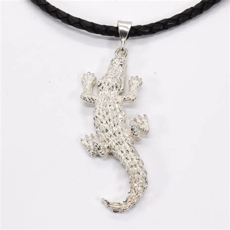 Giant Size Alligator Necklace On Leather Cord In 925 Sterling Silver