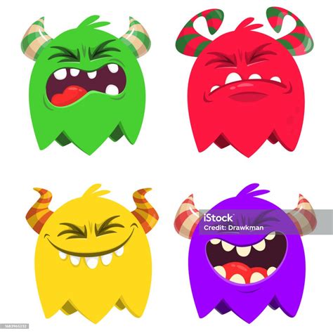 Funny Cartoon Monsters Set With Different Face Expressions Vector